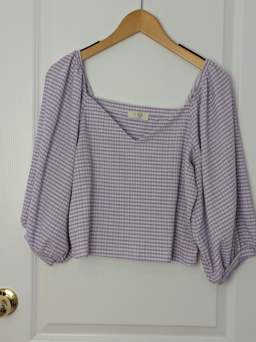 PURE Suzy Shier Lilac Gingham Seersucker Blouse - Puff Sleeves - Size Large #156 - Picture 2 of 4
